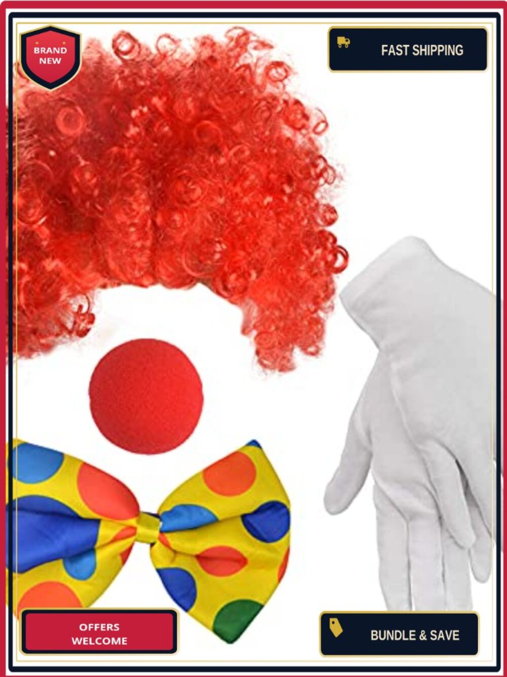 Clown Costume Accessory Set: Wig, Nose, Bow Tie, Gloves - Adult Men Women